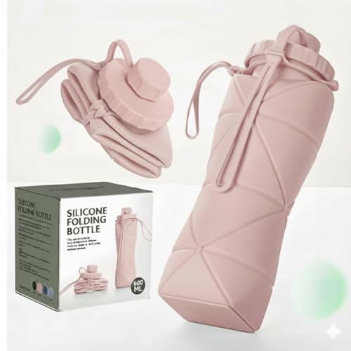 Image of SILENCIO Silicone Water Bottle 600 ml | Foldable Leak Proof Travel Bottle | BPA Free Reusable Drinking Bottle for Gym, Trekking, Camping & Outdoor Use (PINK)