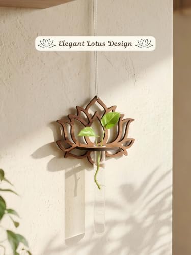 Image of Bombay Greens ; Sow, grow, eat, repeat Hanging Lotus Planter with Wooden Holder & Rope | Test Tube Hanging Planter | Wooden Stand for Home Decor, Living Room, Balcony & Office Decoration