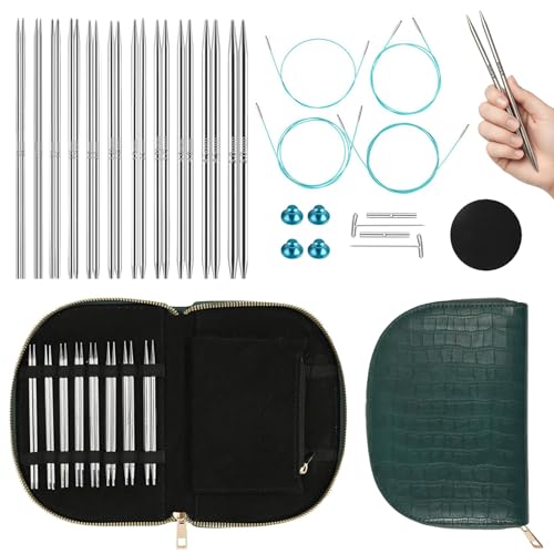 Yarniss Stainless Steel Circular Knitting Needle with Case,11 Size Interchangeable Knitting Needles with Rotating Cables 2.0~5.0mm,4.92-Inch Lace Knitting Needles Set