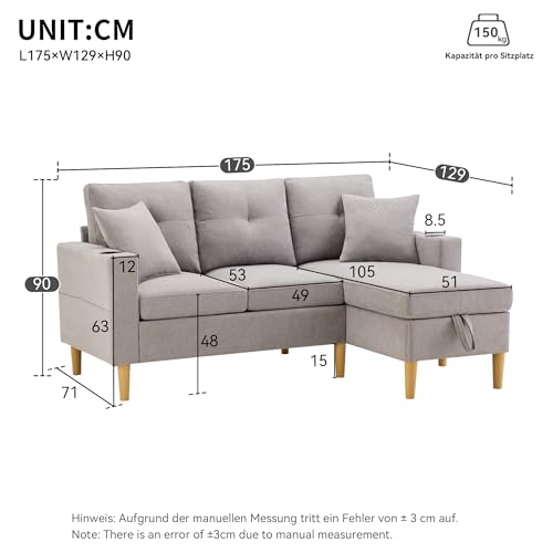 Arhatreya 3 Sitzer L-förmiges Sofa Gästesofa Modern Couch, 3er Sitzsofa mit Getränkehalter und Kissen, Polstersofa mit Stauraum für Wohnzimmer, Schlafzimmer, Wohnung, Gästezimmer, Hellgrau – Bild 3