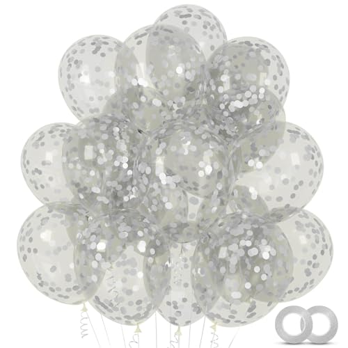 Image of 100pcs Silver Confetti Balloons 12 inch | Clear Latex balloon with Silver Confetti for Balloon Garland Arch Graduation Birthday New Years Party Decorations