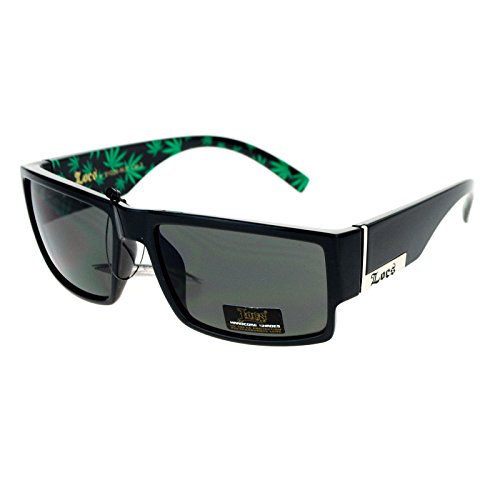 Mens Locs Sunglasses Rectangular Gangster Frame Marijuana Print Black/Green