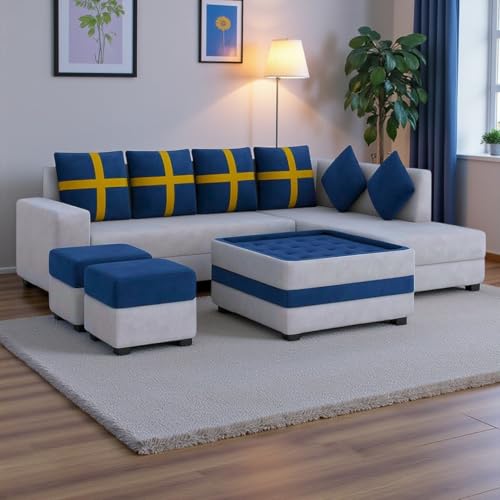 Image of FURNY Premium Arora 8 Seater Fabric RHS L Shape Sofa with 2 Ottoman + 1 Centre Table Ottoman Set for Living Room | in Dark Blue & Light Grey Color with Velvet Fabric | | Durable C