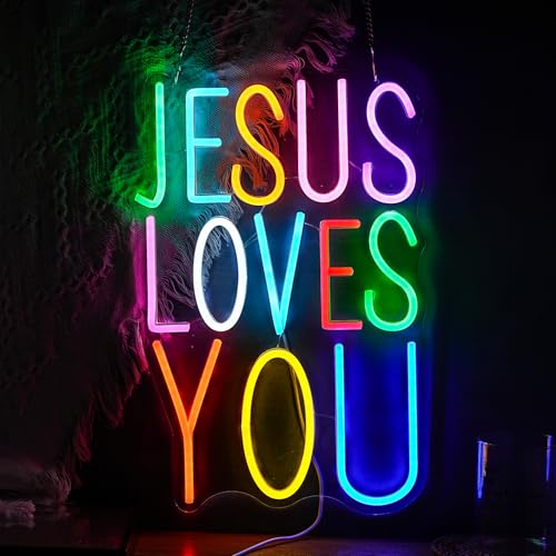Image of Jesus Loves You Neon sign Colorful Led Letters Sign Neon Light for Wall Decor Dimmable Jesus Light Up Sign for Home Christ Church Wedding Birthday Party Decor(USB Power)