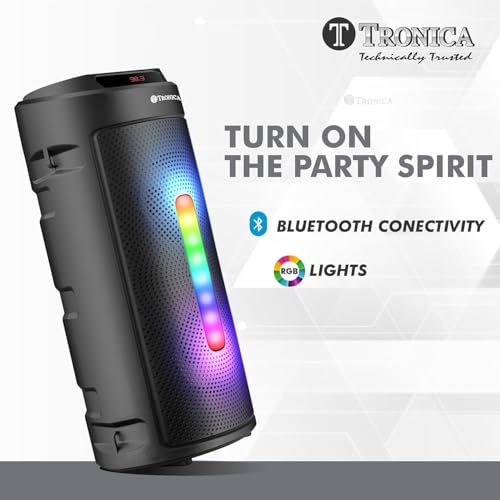 Image of Tronica Cyclone 4 Upgraded 30W Bluetooth Party Speaker with Dual Woofer, Enhanced Sound Circuit, RGB Lights, Wired Mic for Karaoke, 1800mAh Battery, Auto TWS, FM Radio, USB, SD Card & Remote (Black)