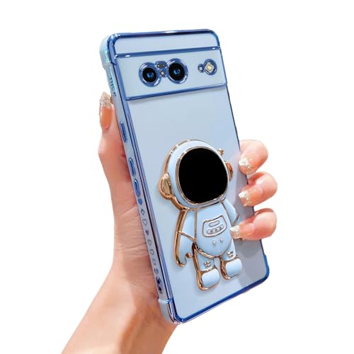 phylla Phone Case for Google Pixel 8 6.2”5g 2023,Luxury Plating Astronaut Stand Holder Phone Case with Cute Love Heart Side Small Pattern Soft Silicone Shockproof Kickstand Cover Bumper (Blue)