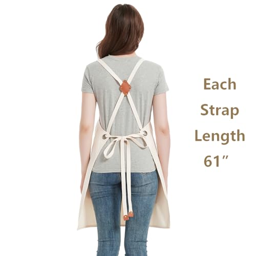 AFUN Chef Aprons for Women Men with Large Pockets, Cotton Canvas Cross Back Water Repellent Work Apron, Size M to XXL (Cream) - Thumbnail 3