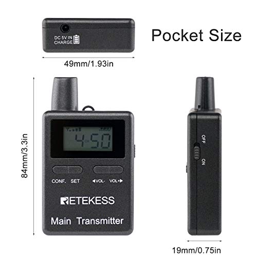 Sistema inalámbrico de guía turística Retekess TT105, sistema de traducción para iglesias | para escenas de interpretación, transmisores de radio bidireccionales, 2,4 GHz, 12 horas de funcionamiento, 2 transmisores y 15 receptores miniatura 5