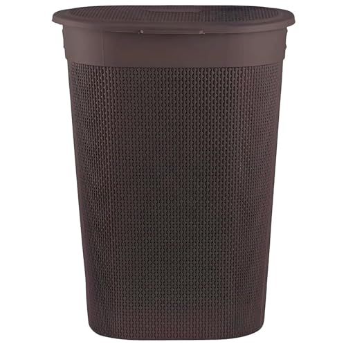 Image of KITCHIVO Plastic Large 55 Ltr Laundry Basket with Lid & Handle | Multipurpose Hamper Bins Storing Washable Clothes, Blankets | Household Ideal for Home & Bathroom (Woods Beige Laundry Basket)