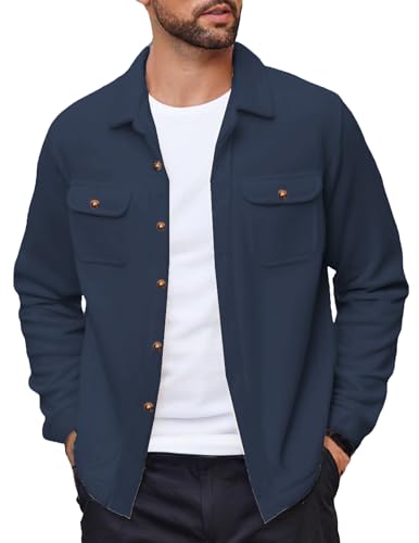 COOFANDY Men's Polar Fleece Shacket Long Sleeve Casual Button Down Shirt Jacket with Pockets,Dark Navy,S