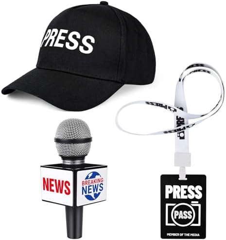 Journalist Costume Accessories Set with Press Pass Microphone Prop News Reporter Hat for Halloween Dress Up