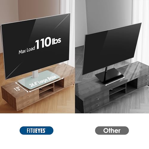 Image of FITUEYES Universal TV Stand, Swivel TV Table Stand for 43 50-65 70 75 80 85Inch Flat Screen, Table Top TV Stand Base Replacement, Height Adjustable TV Mount Stand, Glass Base, Max Holds 110lbs