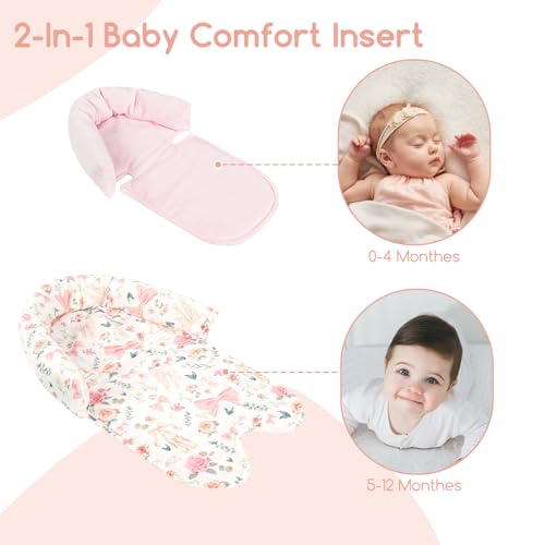 Image of GFU Baby Car Seat Head Support for Newborn, 2 in 1 Infant Car Seat Head Body Support with Strap Pads, Soft Stroller Cushion Pillow Insert for Girls, Fits for Stroller, Swing, Pink Floral