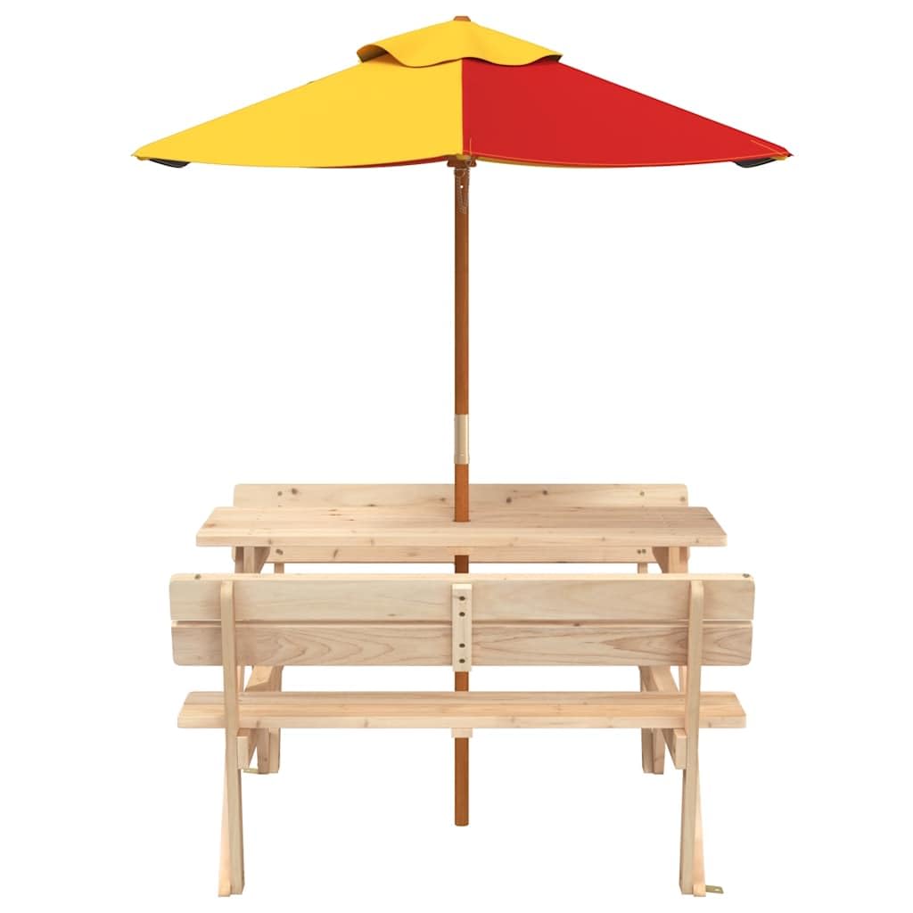 Tavolo da picnic per bambini con ombrellone in legno di abete massiccio, 4 posti, per giardino, terrazza, balcone e esterni, a forma di W, per picnic, barbecue e feste
