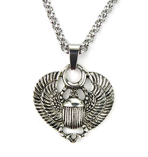 Scarab Necklace, Rebirth Regeneration Amulet 20” Pure Stainless chain with 1” Antique Silver Zinc Alloy Pendant, Beautiful Egyptian Winged Beetle