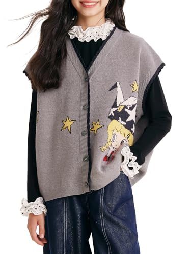 Barry Banny Girls Knit Sweater Vest Cartoon Star Design, Button Down Soft Gray Cardigan for 10-11Y,Cute Fall Top