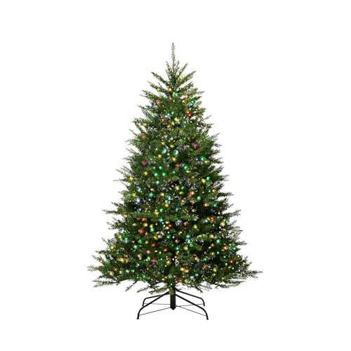 Aovotreena 6FT Pre-Lit Artificial Christmas Tree with 600 Pre Lit Multicolored Lights, 1838 PVC Branch Tips,Green Dunhill Fir Xmas Tree, Foldable Metal Base for Home, Party Holiday Décor