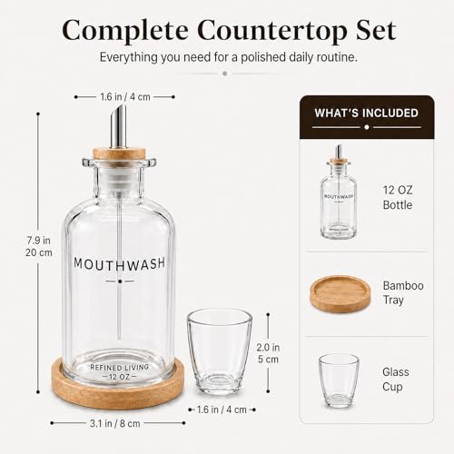 Image of Mouthwash Dispenser for Bathroom, 12 OZ Refillable Glass Mouthwash Bottle with Cup and Bamboo Tray, Decorative Mouth Wash Dispenser Set for Bathroom