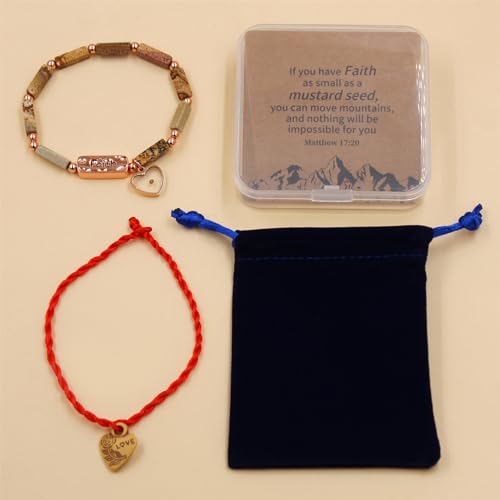 Image of Elastic Faith Bracelet for Women, Adjustable 7 inch Natural Stone Bracelet with Heart Mustard Seed Charm, Spiritual Christian Jewelry for Baptism, Graduation, Religious Celebration YA4856