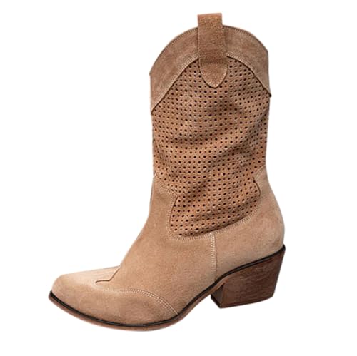 Cowboy Boots For Women Comfort Mid Calf Western Cowgirl Chunky Low Heel Boots With Zipper Fall Winter 2025 Pointed Toe Pull On Retro Hollow Out Design Shoes For Country Concert