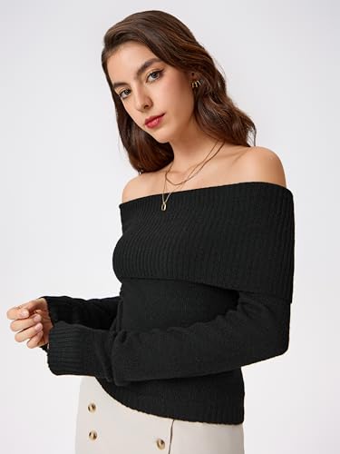 CIDER Women’s Off Shoulder Knitted Long Sleeve Tops Fall Pullover Sweater4