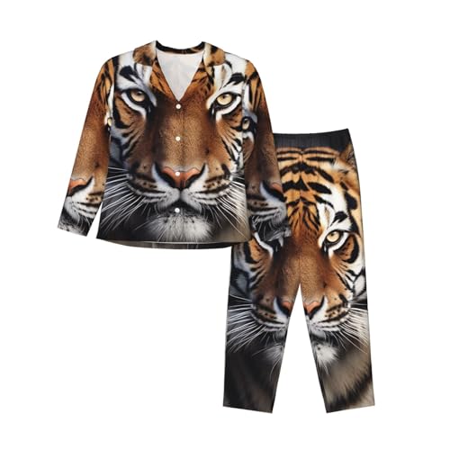 RLDOBOFE Tiger Damen-Pyjama-Set, 2-teilig, langärmelig, Nachtwäsche, modisch, Knopfleiste, weich, Lounge-Set, Schwarz , M