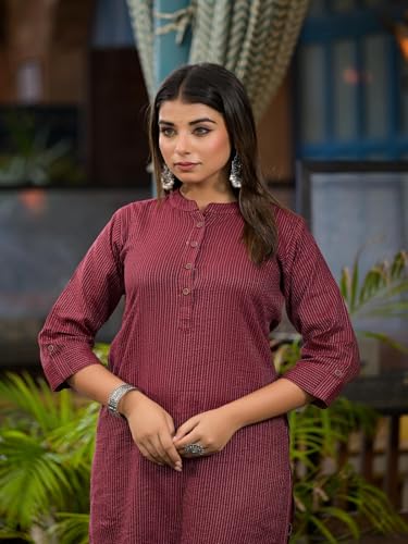 Image of Juniper Bottle Green Striped Printed Cotton Kurta with Button Detail