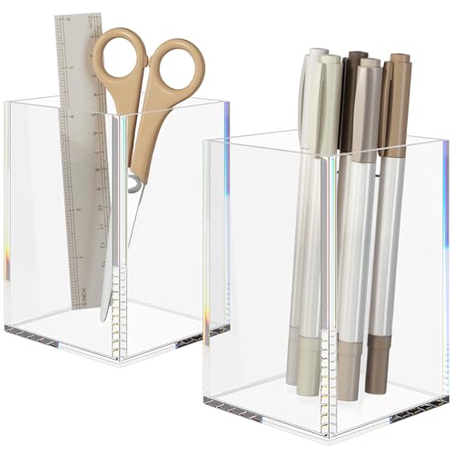 NIUBEE Acrylic Pen Holder 2 Pack,Clear Desktop Pencil Cup Stationery Organizer for Office Desk Accessory