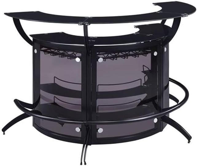 Pemberly Row Contemporary Metal 3-Piece Curved Bar Unit Set, Smoked Acrylic Panels, Black Finish, 63 in Wide, Demilune Shape with Stemware Rack, Frosted Glass Shelves, Stylish Home Bar Furniture
