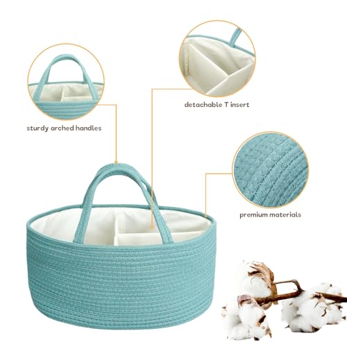 Image of luxury little Diaper Caddy Organizer, Large Cotton Rope Nursery Baby Basket, Changing Table Organizer for Baby Diaper Storage, Portable Car Organizer Removable Divider (Lake Blue, Large)