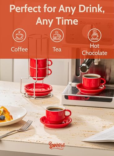 Image of Sweese 2.5 Ounce Porcelain Stackable Espresso Cups with Saucers and Metal Stand Set of 4, Red