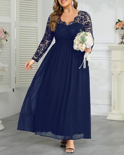 Image of Talisea Plus Size Formal Wedding Dresses - Gowns Evening Prom Elegant V Neck Long Sleeve Lace Chiffon Long Maxi Dress