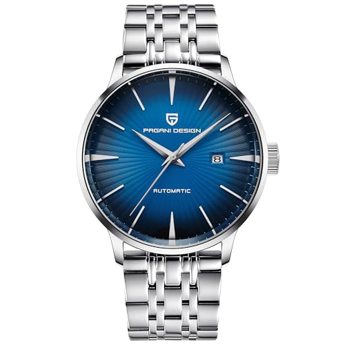 TYBERLEY Pagani Design PD2770 - Reloj mecánico automático para hombre, acero inoxidable, correa de piel, impermeable, simple, para negocios, deportes, Acero azul, Pulsera