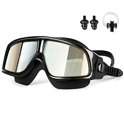 Besimulus Swim Goggles, Swimming Goggles with Ear Plugs and Nose Clip No leaking Anti Fog UV Protection for Adult Kids Men Women Youth Triathlon Black
