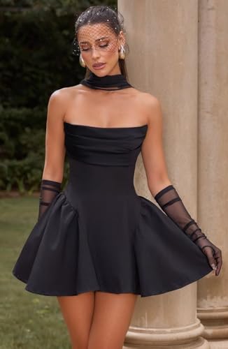 Satin Homecoming Dresses with Scarf for Teens 2025 Strapless Corset Puffy Short Prom Cocktail Dresses LN1513