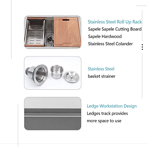 Lordear 32 Inch Undermount Workstation Kitchen Sink 16 Gauge Stainless Steel Single Bowl Ledge Workstation Sink Bundle With 2 Water Function Setting Pull Out With Sprayer Wet Bar Brushed Nickel Fauce #TOP3