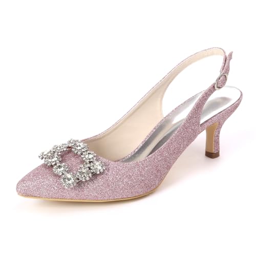 Mujer Tacón De Gatito Destalonadas Sandalias De Boda Sin Cordones Zapatos De Novia con Diamantes De Imitación Punta Puntiaguda Zapatos De Vestir De Fiesta De Graduación,Púrpura,39 EU