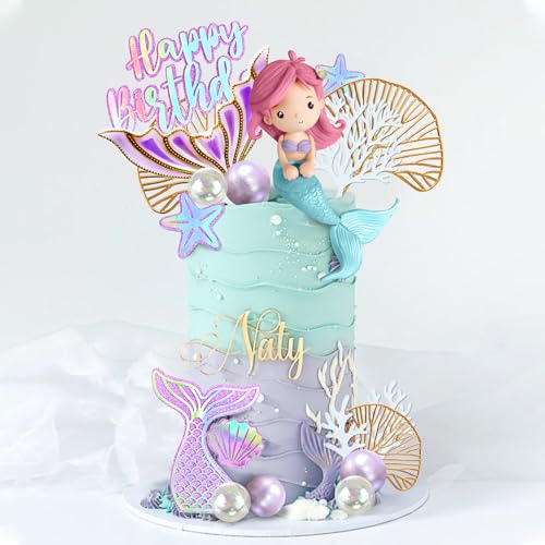 Mermaid Cake Toppers with Shell Starfish Fishtail Balls for Mermaid Birthday Supplies (Style1)