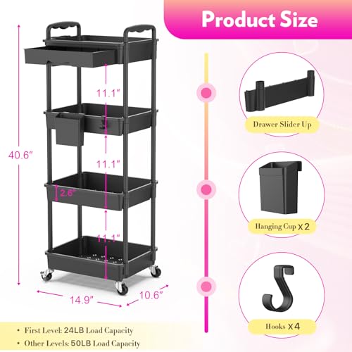 Image of SUNALLY Makeup Cart Organizer with Drawer,4 Tier Rolling Makeup Cart, Black