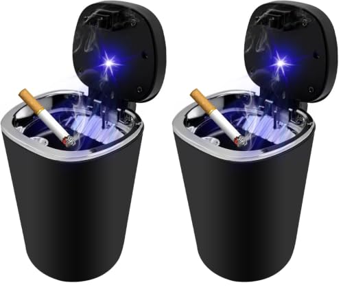 Image of Ohleats Car Ashtray, Detachable Stainless Steel Smokeless Ash Tray with LED Blue Light, Auto Ashtray with Lid Smell Proof Weed for Most Vehicles, Universal Interior Car Accessories (Pack of 2)