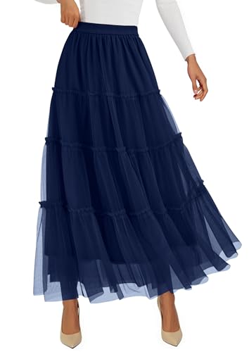 PRETTYGARDEN Tulle Skirts for Women 2025 Fall Fashion Tiered Flowy Elastic High Waisted A-Line Casual Maxi Long Skirt (Navy Blue,Medium)