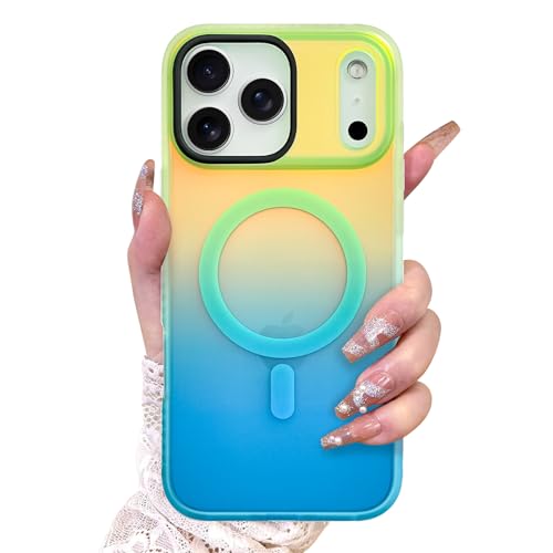 Image of AIGOMARA Magnetic Case for iPhone 17 Pro, Compatible with Magsafe, Fluorescent Iridescent Case for Women Girls, Shockproof Translucent Matte Protective Cover 6.3 Inch 2025, Green Blue