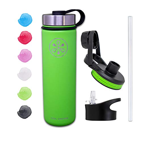 Cool Canteen - Sports Water Bottle 22oz 32oz 40oz - Stainless Steel Vacuum Insulated Flask - Wide Mouth - Double Walled - Three Lids w Straw Lid - Multiple Color Options