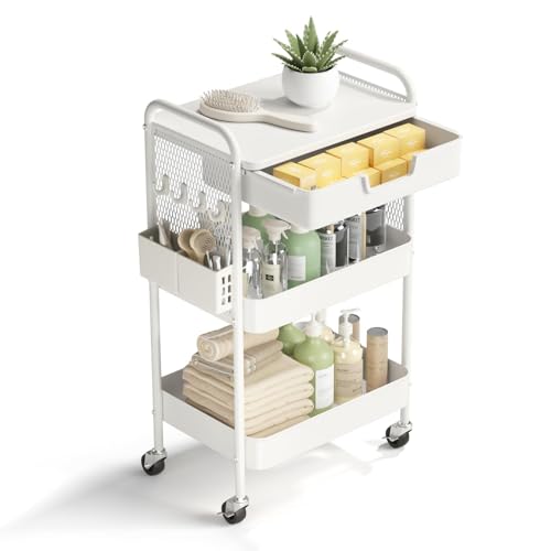 HIDODO 3 Tier Rolling Cart with Drawer Metal Rolling Utility Cart on Wheels with Pegboard Art Cart Storage Organizer with Tabletop for Living Room Office Bedroom (White)