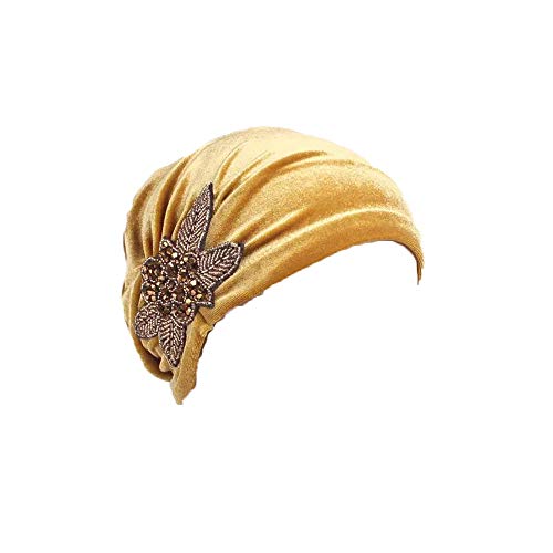 Pluto & Fox Gorra Beanie De Tela con Adorno Turbante para Cabeza De Mujer para Cáncer Quimioterapia Chemo Oncológico Noche Pèrdida de Pelo Cabello (Dorado, 1)