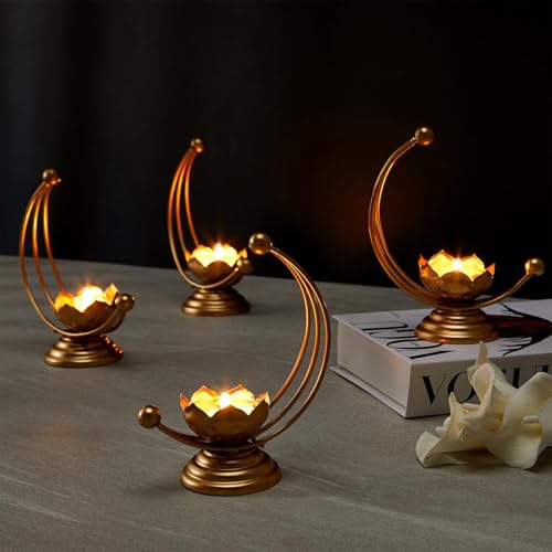 Image of Amazon Brand - Solimo Designer Metal Tealight Candle Holder for Home Decor & Gifting, Gold (Pack of 4) | Moon-Shaped Iron Frame | 12.5 x 6.5 x 15.5 cm Each