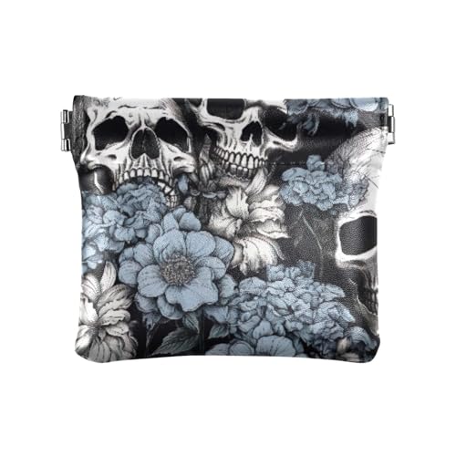 Skull Flowers Coin Purse Leather Pouch Change Purse, Squeeze Coin Pouch for Cards, Keys & Lipsticks, Unisex