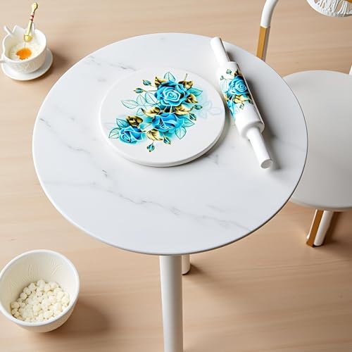 Image of Marble Chakla Belan Set - 25.4 cm Board / 30.5 cm Rolling Pin | Blue Roses Design | Traditional Roti Rolling Board and Pin Set | Smooth Finish Kitchen Tool for Chapati, Paratha & Puri