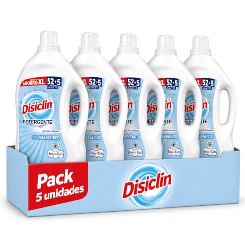 Disclin Detergente Liquido Hipoalergenico 52+5 Lavados | Ideal pieles sensibles | Limpieza Profunda y Frescor Duradero | Apto para Ropa Blanca y de Color | Pack 5 Unidades | Rasmacor