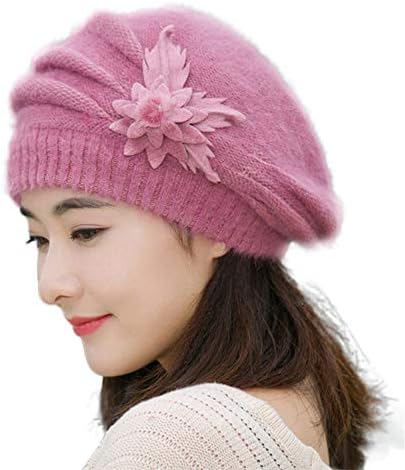 Womens Fashion Flower Knit Crochet Beanie Hat Winter Cotton Beret Cap (Purple)